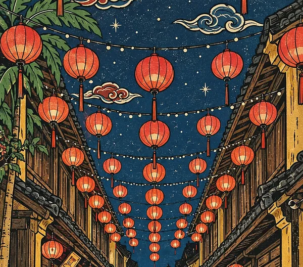 Phố đèn lồng đêm Trung Thu, vẽ theo lối tranh Đông Hồ