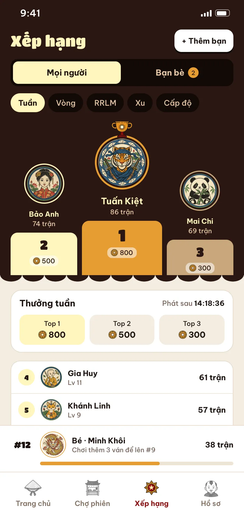 Màn hình Xếp hạng tuần trong app